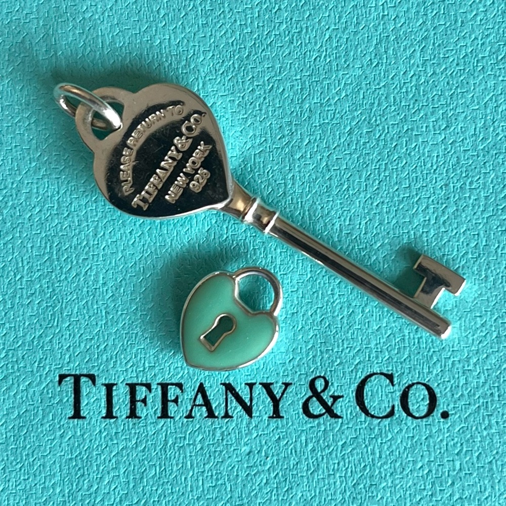 ✨✨✨SOLD✨✨✨ Tiffany & Co. Silver Heart Key and Blue Enamel Heart Lock Pendants